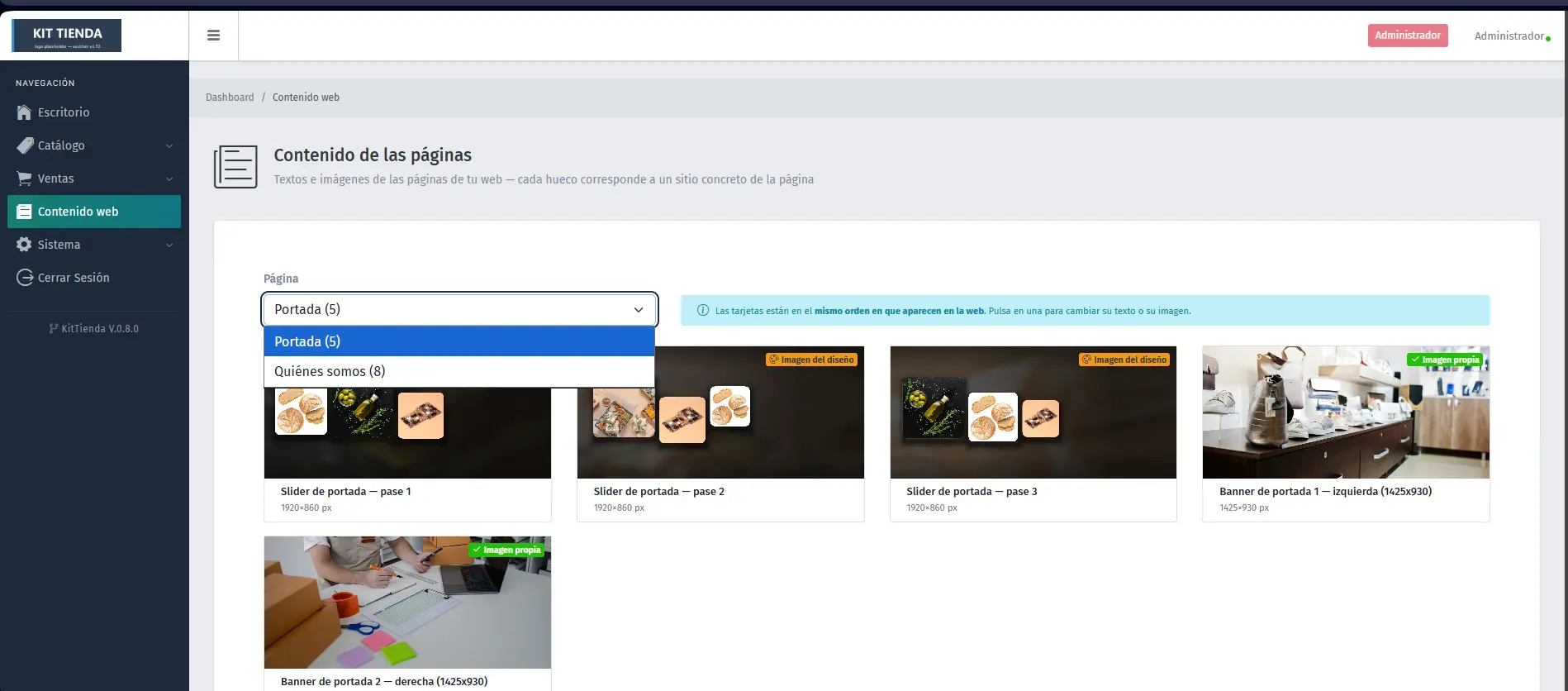 Panel de mantenimiento de contenido: edicion de textos e imagenes de portada y quienes somos