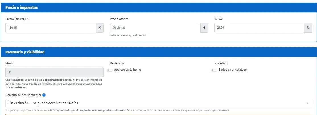 Panel de administracion: campos de precio sin IVA, precio oferta, IVA, stock y derecho de desistimiento