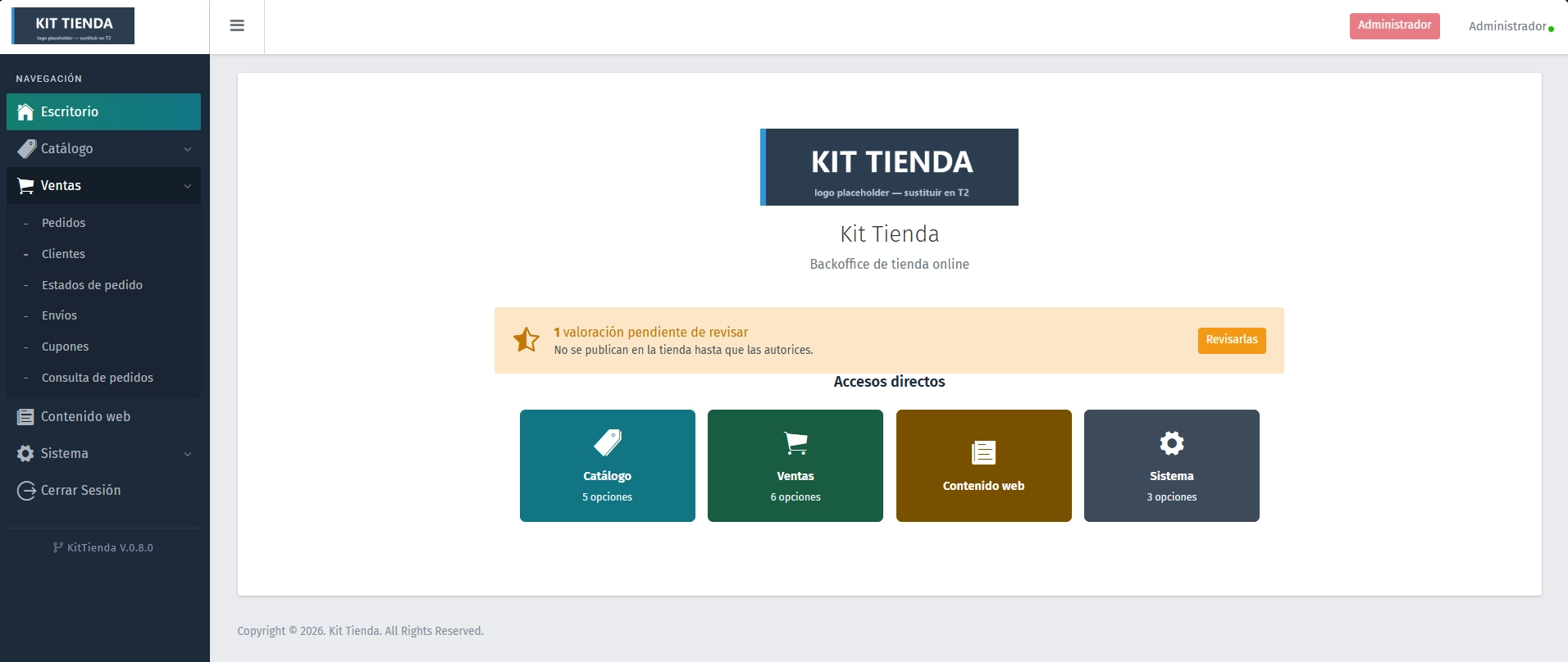 Panel de administracion de la tienda: catalogo, ventas, pedidos, clientes, envios, cupones y contenido web